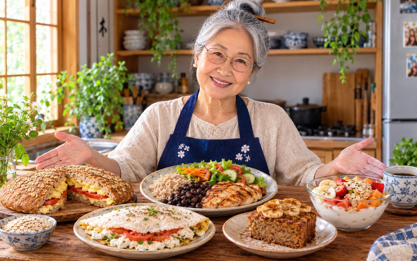 Vovó Chiyo sorrindo diante de uma mesa com pão de frigideira recheado, crepioca, prato de almoço com arroz, feijão e frango, bolo de banana e iogurte com frutas